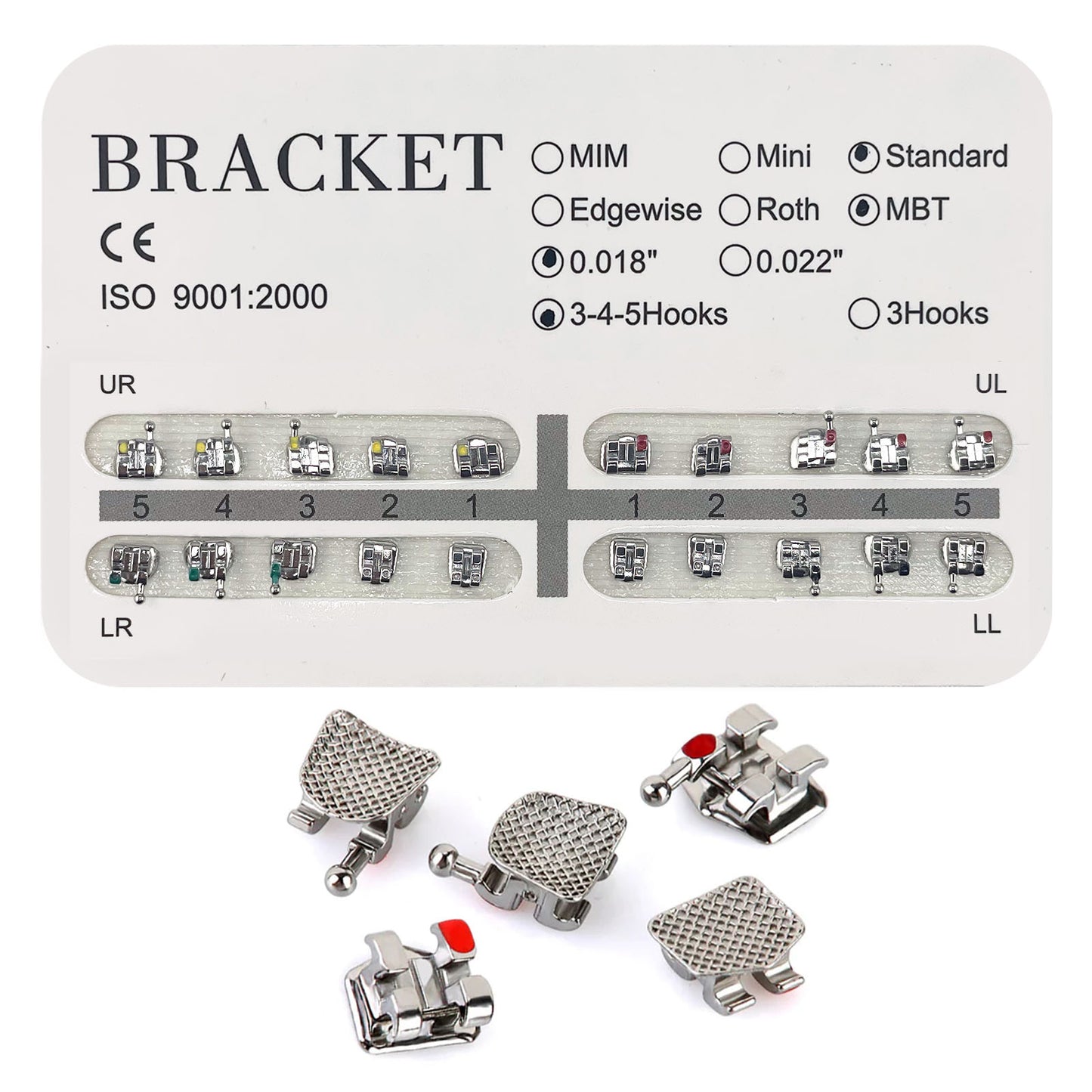 20PCS Orthodontic Metal Brackets Dental Brackets Standard MBT Slot Bondable, 3-4-5 with Hook 20pcs/Pack, 1PK