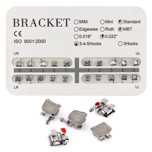 20PCS Orthodontic Metal Brackets Dental Brackets Standard MBT Slot Bondable, 3-4-5 with Hook 20pcs/Pack, 1PK